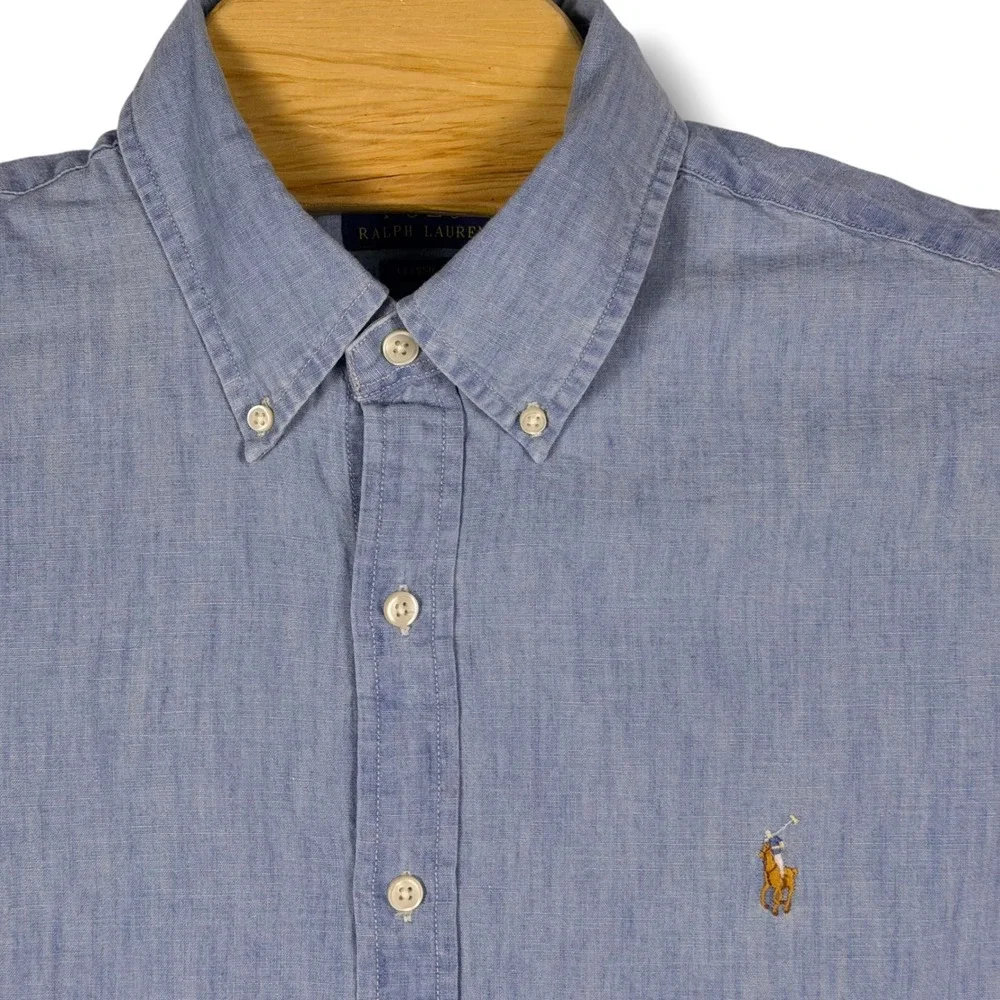 Polo Ralph Lauren Button Down Men Large Chambray Denim Classic Untucked Fit Pony